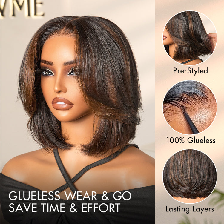 Brown layered silky short bob wig with glueless 5x5 lace closure, human hair, pre-cut lace, by Luvme Hair