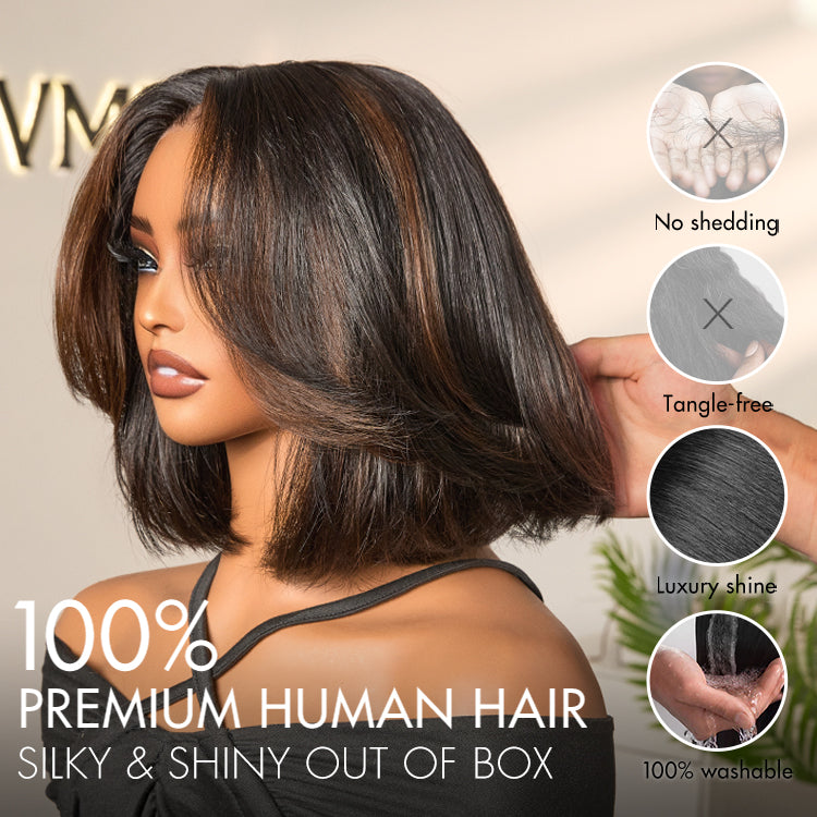 Blonde and brown highlight short layered bob wig with glueless fit and 5x5 lace closure by Luvme Hair.