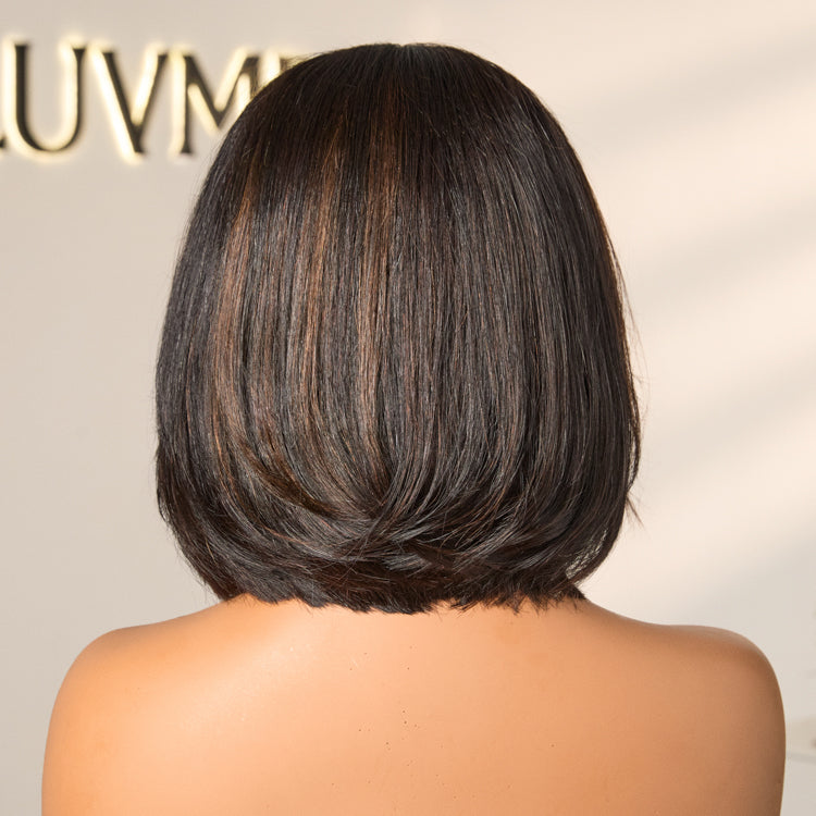Blonde and brown highlight short layered bob wig with glueless 5x5 lace closure, pre-cut lace, by Luvme Hair.