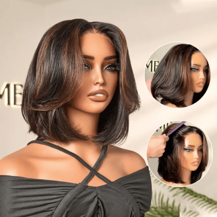 Blonde and brown highlight short layered bob wig with 5x5 lace closure, glueless design, by Luvme Hair.