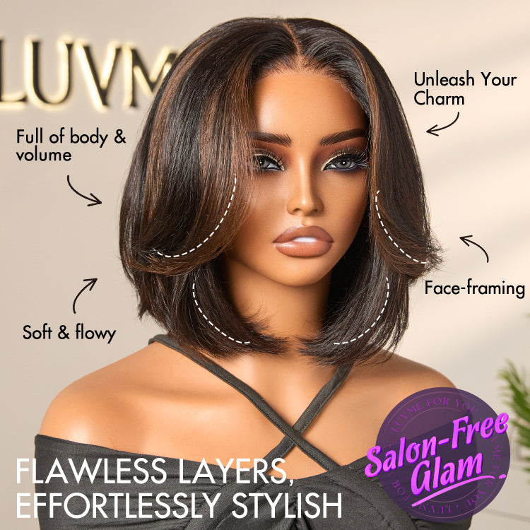 Blonde and brown highlight short layered bob wig with glueless 5x5 lace closure by Luvme Hair, styled with natural waves.