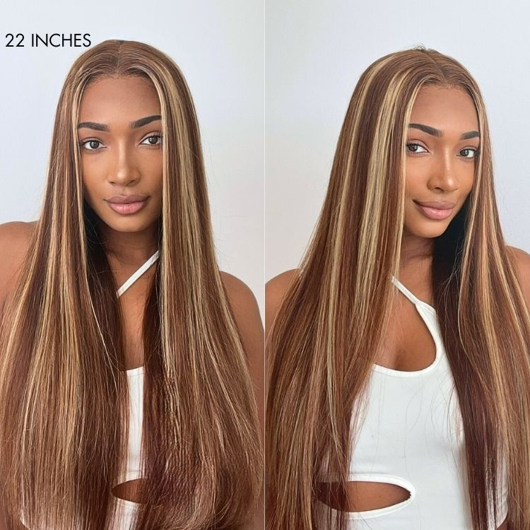 Honey Blonde Highlight Silky Straight Glueless 5x5 Closure HD Lace Long Wig-04