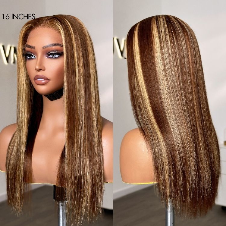 Honey Blonde Highlight Silky Straight Glueless 5x5 Closure HD Lace Long Wig-05