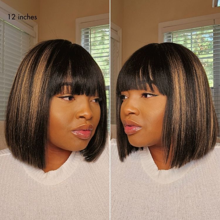 Put On and Go Realistic Glueless Yaki Straight Bob with Bangs Minimalist Lace Wig 100% Human Hair-26