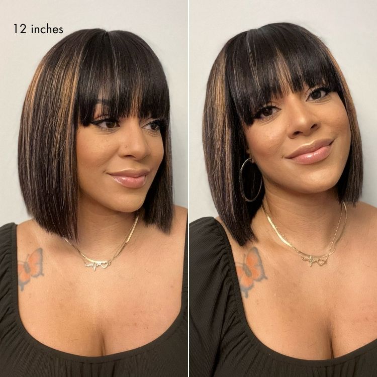 Put On and Go Realistic Glueless Yaki Straight Bob with Bangs Minimalist Lace Wig 100% Human Hair-25