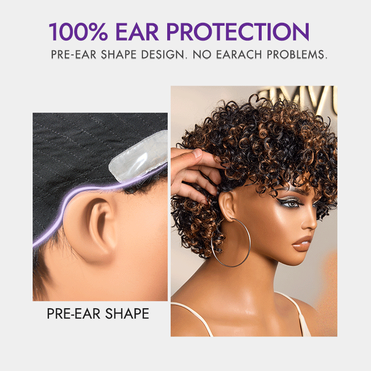 Throw On & Go Brown Highlight Short Curly with Bangs Wig Ultra Comfort Cotton Cap Glueless Hair Loss Friendly Wig-06