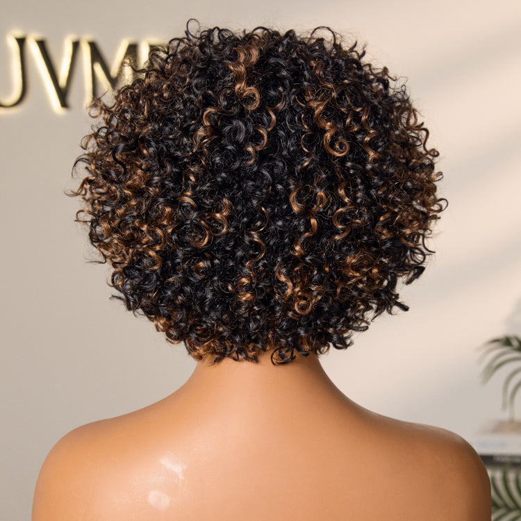 Throw On & Go Brown Highlight Short Curly with Bangs Wig Ultra Comfort Cotton Cap Glueless Hair Loss Friendly Wig-07
