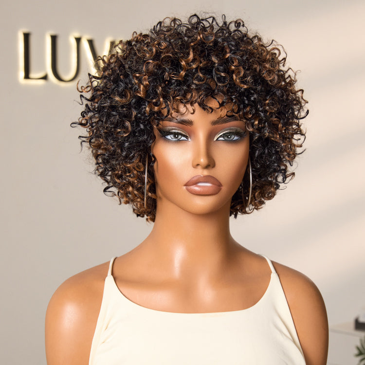 Throw On & Go Brown Highlight Short Curly with Bangs Wig Ultra Comfort Cotton Cap Glueless Hair Loss Friendly Wig-08