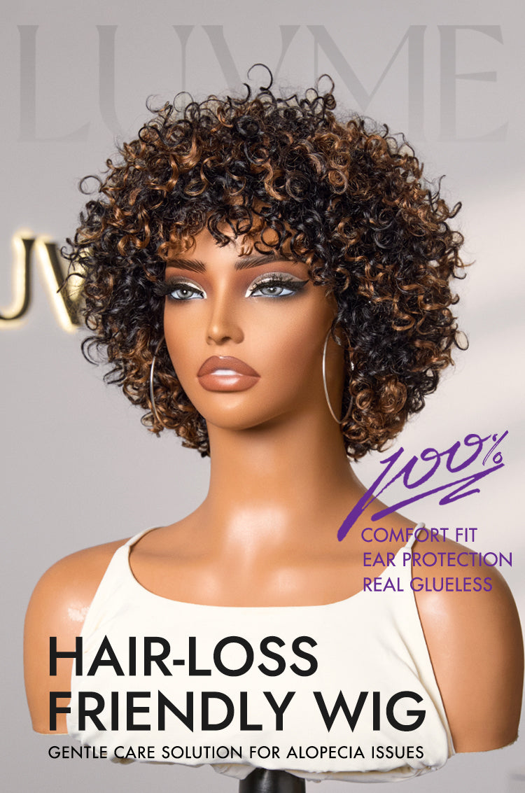 Throw On & Go Brown Highlight Short Curly with Bangs Wig Ultra Comfort Cotton Cap Glueless Hair Loss Friendly Wig-09