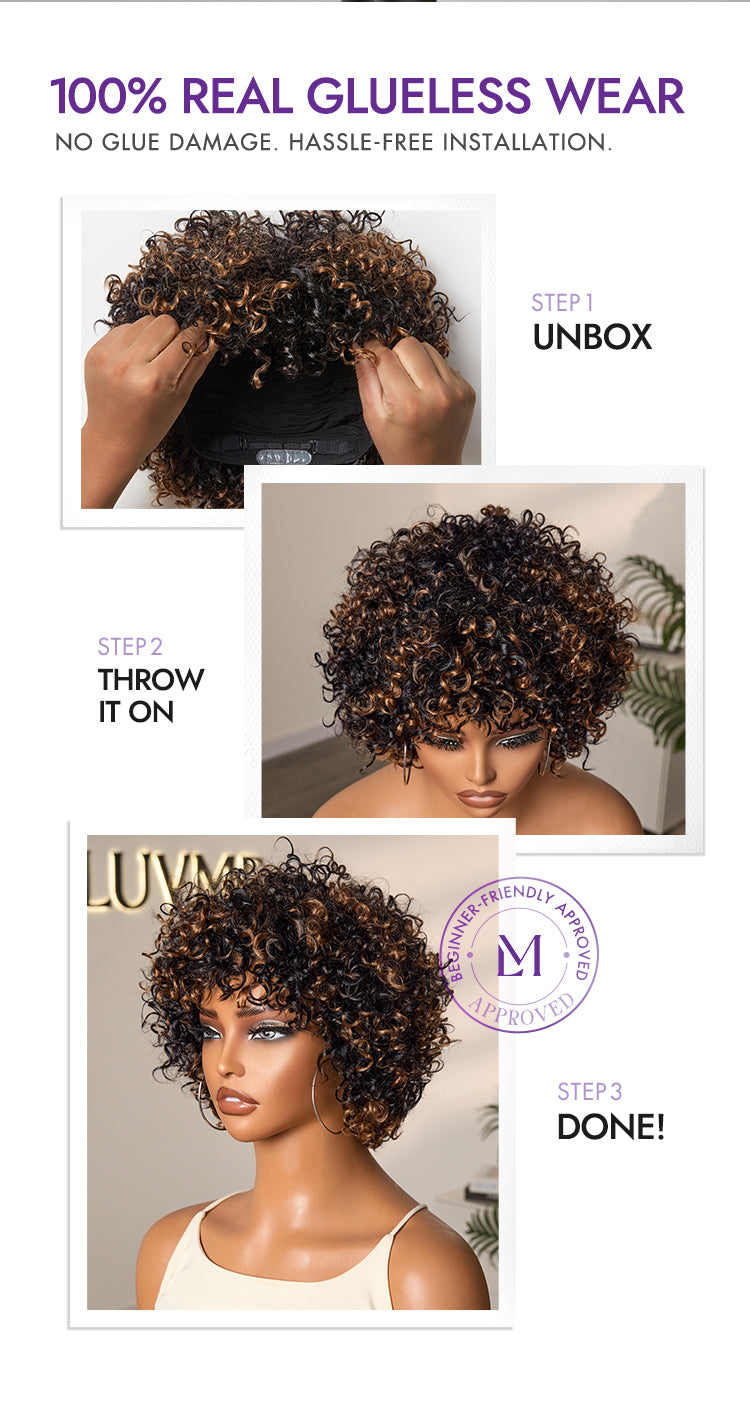Throw On & Go Brown Highlight Short Curly with Bangs Wig Ultra Comfort Cotton Cap Glueless Hair Loss Friendly Wig-10