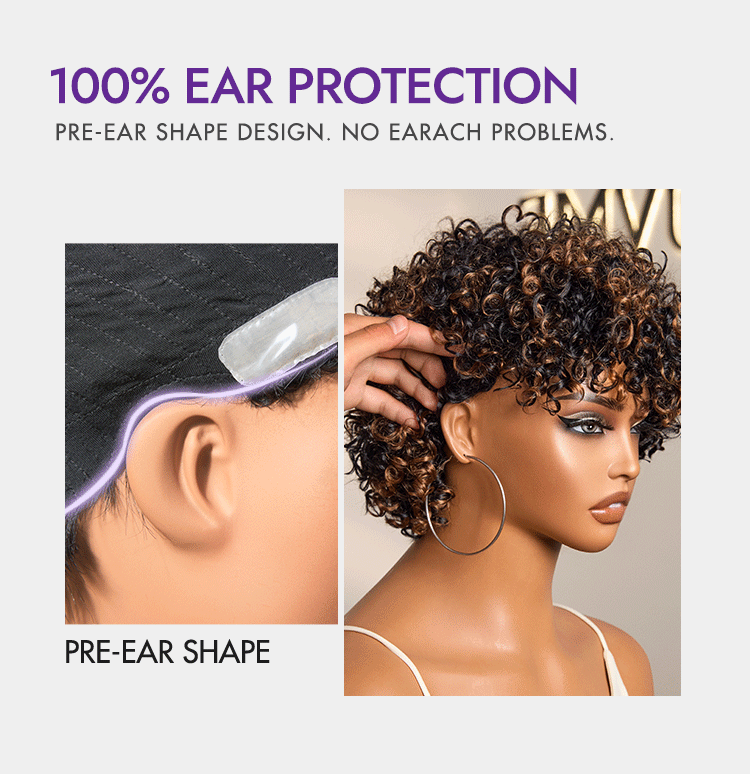 Throw On & Go Brown Highlight Short Curly with Bangs Wig Ultra Comfort Cotton Cap Glueless Hair Loss Friendly Wig-11
