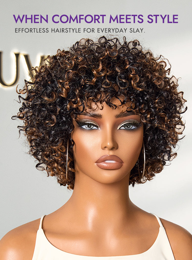 Throw On & Go Brown Highlight Short Curly with Bangs Wig Ultra Comfort Cotton Cap Glueless Hair Loss Friendly Wig-13