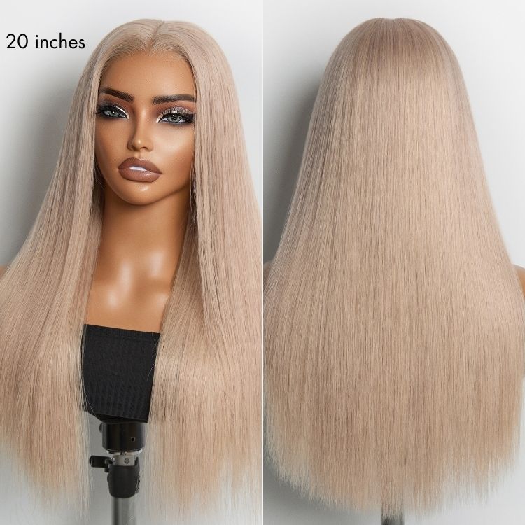 Luvme Hair NatureMAX ash blonde 13x4 HD lace front wig with silky straight texture, glueless cap, pre-cut lace, and flexible fit.
