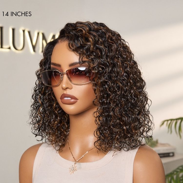 Luvme wet and wavy 4x4 closure lace water wave human hair wig with side part, glueless, pre-cut, and natural water wave texture.