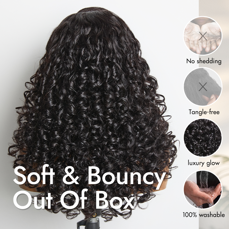 Luvme Hair curly lace wig with 180% density, glueless 5x5 closure, layered bouncy curls, breathable cap, pre-cut lace.