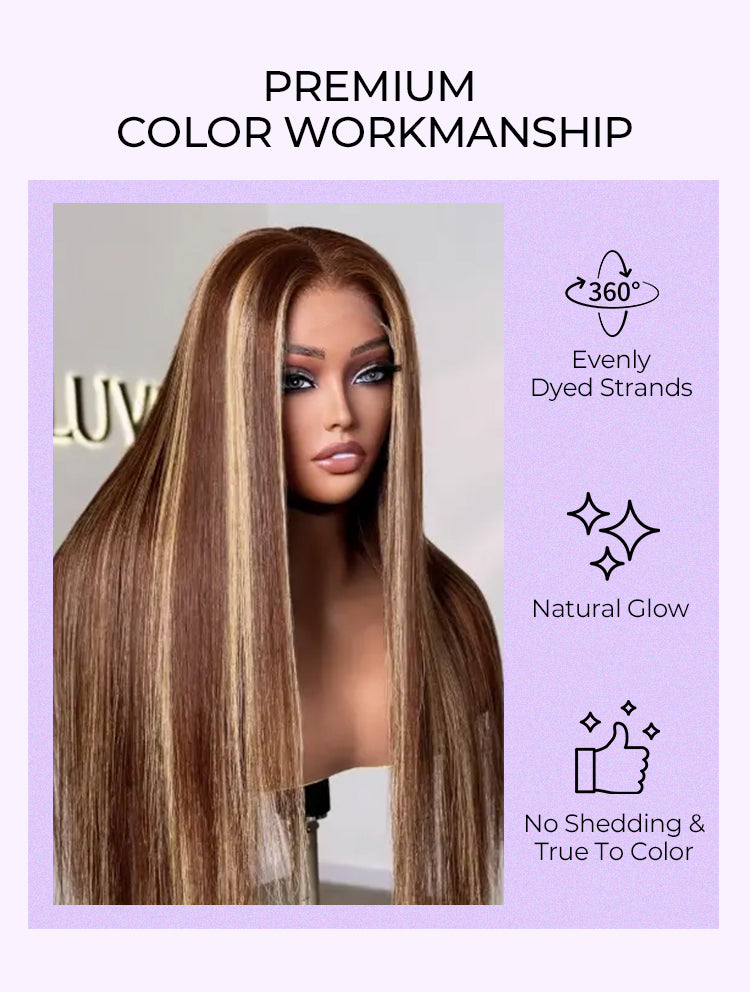 Luvme Hair 180% Density Honey Blonde Highlight Silky Straight Glueless 5x5 Closure HD Lace Long Wig-09