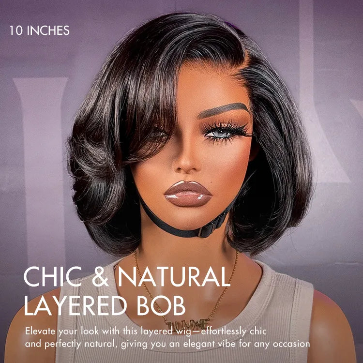 Luvme Super Natural C Part lace bob wig in natural black with blonde highlights, 100% human hair, glueless design, fits all face shapes.
