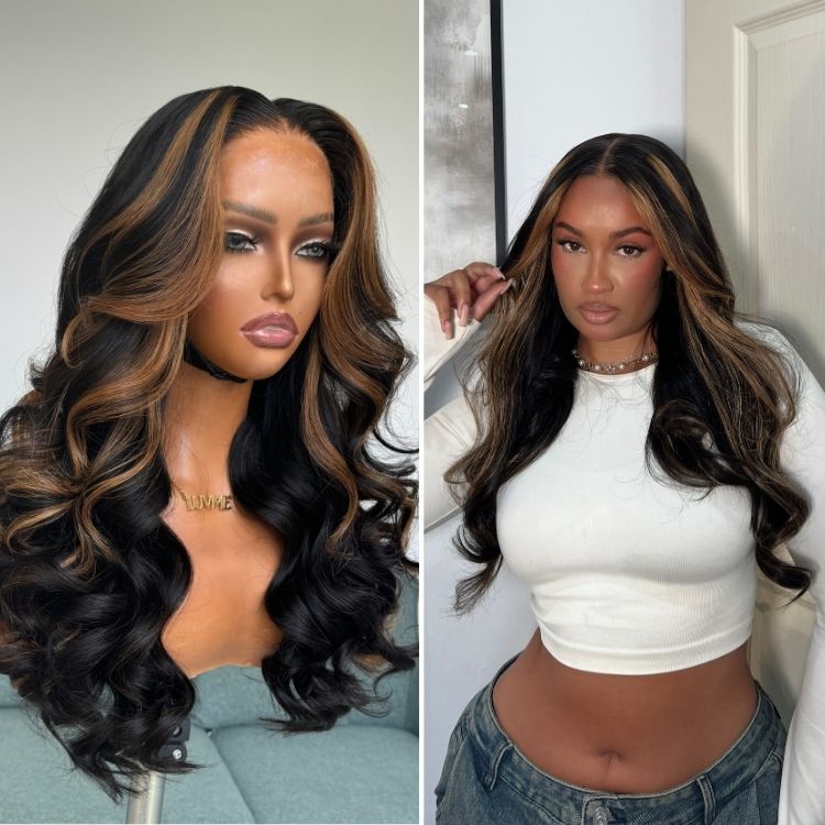22 Inch=$159.9 | PreMax Wigs | Super Natural Hairline Blonde Mix Black Loose Wave Glueless 5x5 Closure HD Lace Wig-13