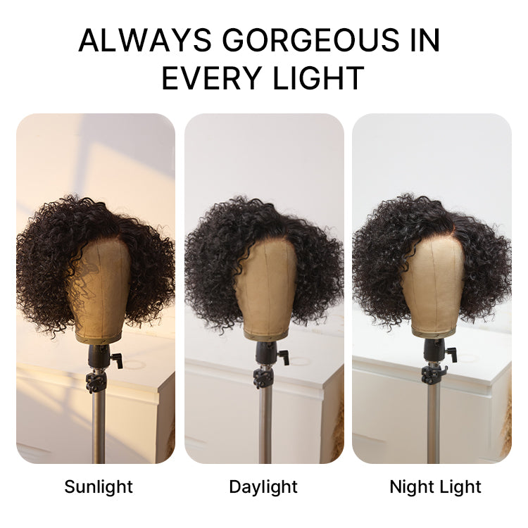 Luvme Hair Ultra Natural slicked back short curly wig with wide T lace front, glueless ear-to-ear design, and realistic hair texture.