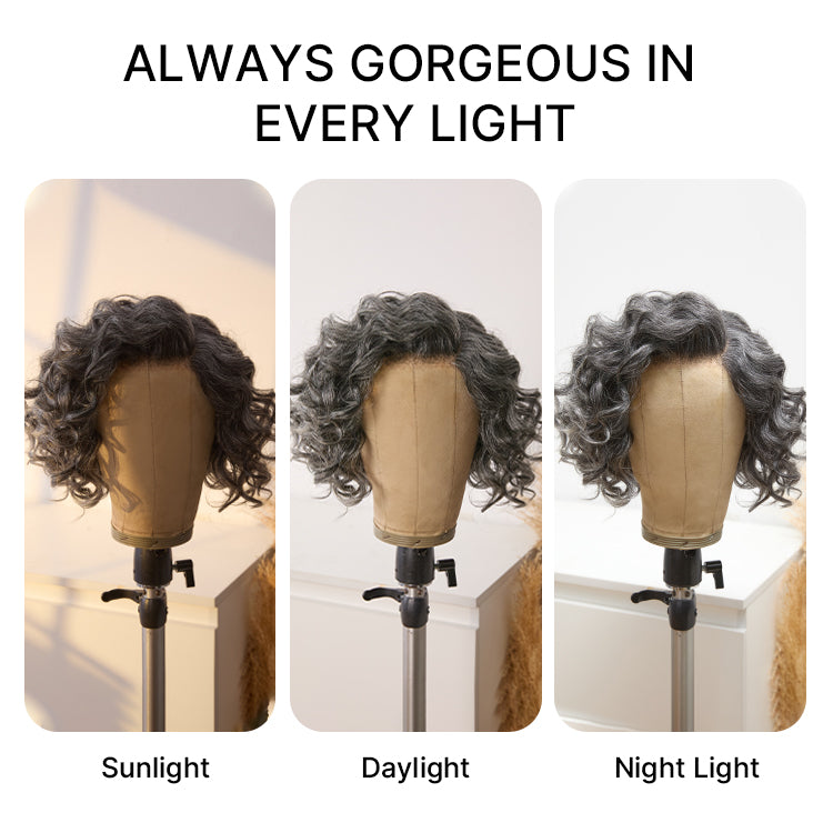 Luvme Hair grey loose wave lace wig with short, natural body wave style, lightweight, glueless design, pre-cut lace for easy wear