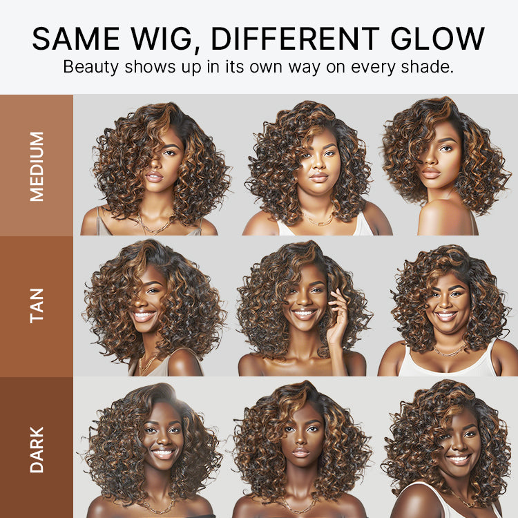Luvme Hair copper highlight black bouncy curl wig with HD lace, glueless, pre-cut lace, natural black and copper tones, minimalist style