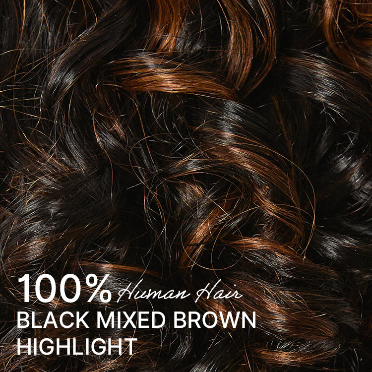 Luvme Hair copper highlight natural black bouncy curl wig with pre-cut lace, HD lace, and glueless design for effortless elegance.
