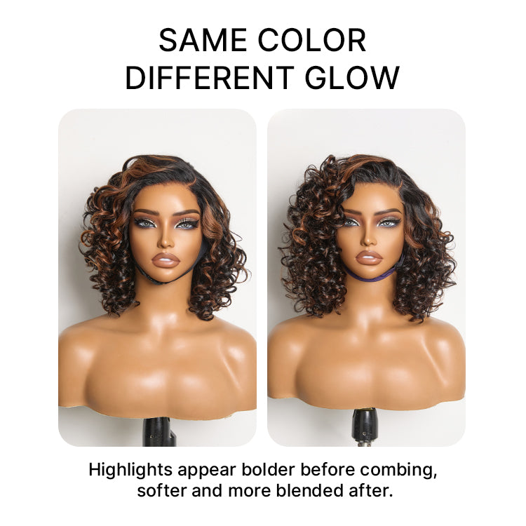 Luvme Hair copper highlight black bouncy curl wig with HD lace, pre-cut, glueless, natural black, and minimalist style.