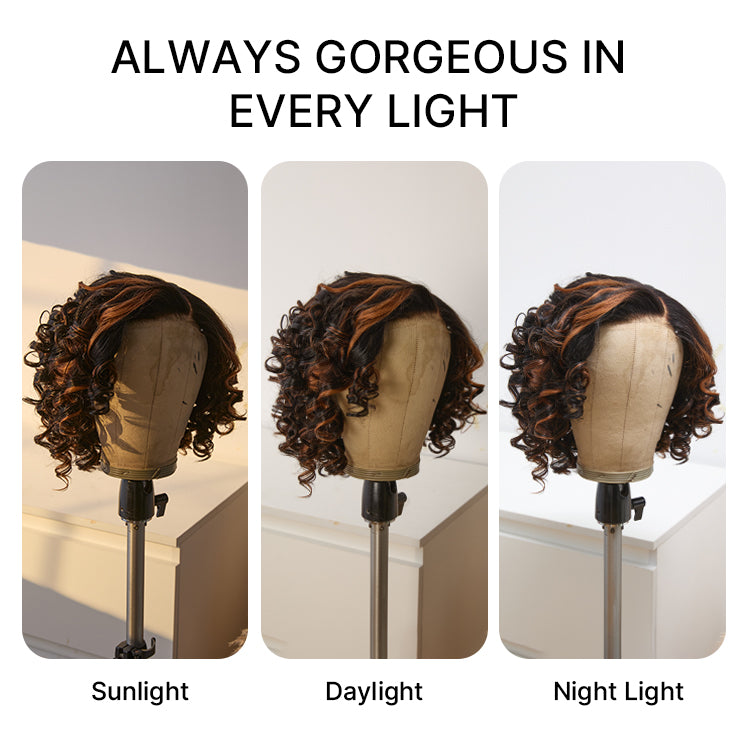 Luvme Hair Effortless Elegance Copper Highlight black bouncy curl wig with HD lace, pre-cut, glueless, natural-looking hairstyle.