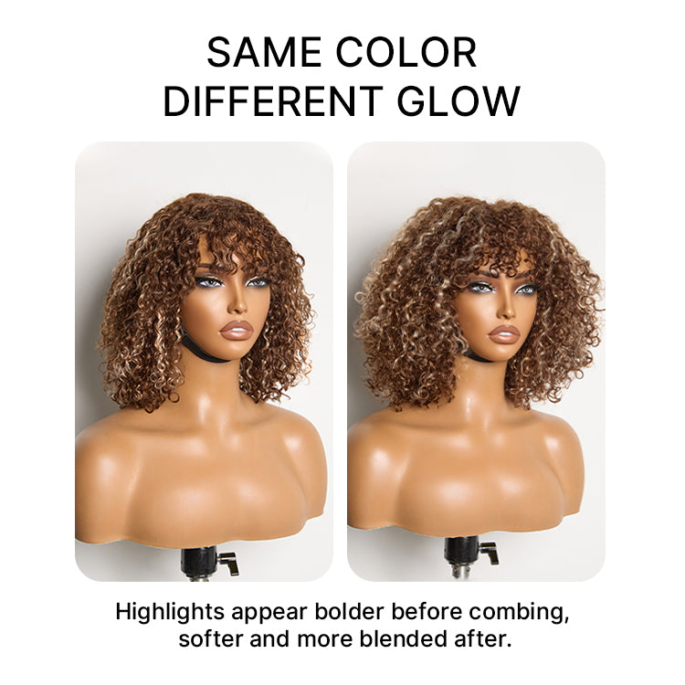 Luvme Hair ash blonde curly lace wig with water wave style, bangs, minimal lace, glueless fit, and natural scalp appearance.