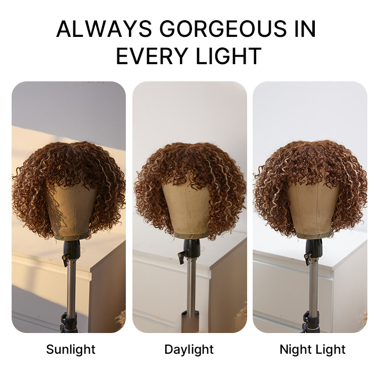 Beginner Friendly Ash Blonde Highlights Water Wave True Scalp Minimalist Lace Glueless Curly Wig with Bangs-46