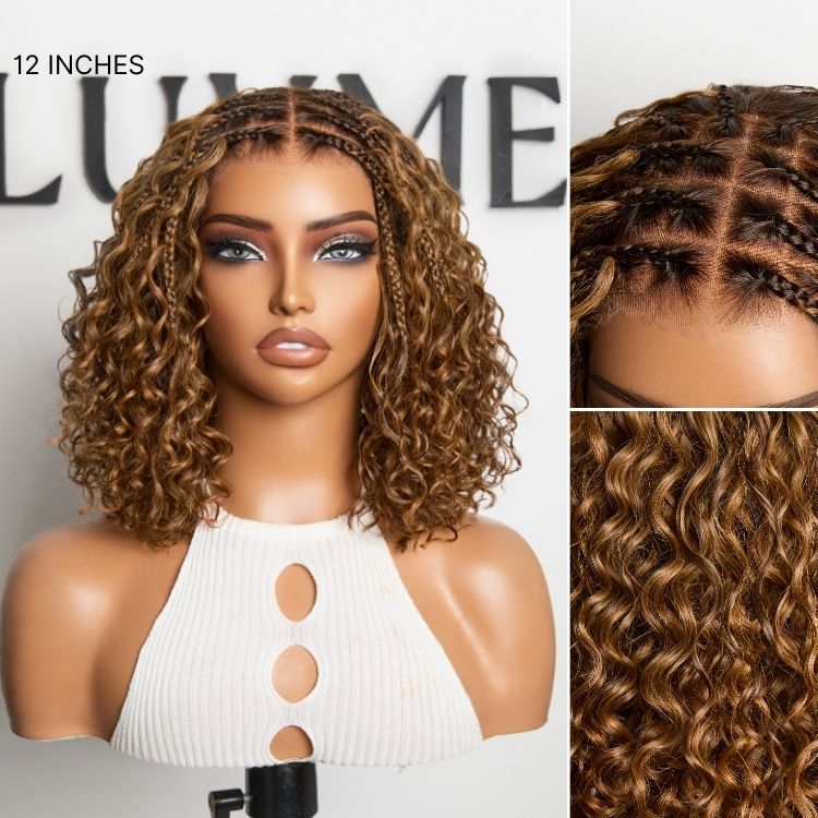 Ombre Brown Highlight Boho Braids Deep Curly Glueless 5x5 Closure Pre-Cut Lace Short Curly Wig 100% Human Hair-02