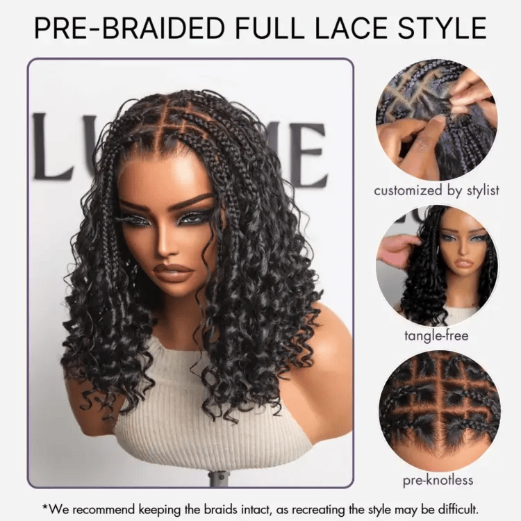 Readitress™ HD Full Lace Knotless Boho Curls Braided Bob Wig Flexi Fit Invisi Drawstring Cap-36