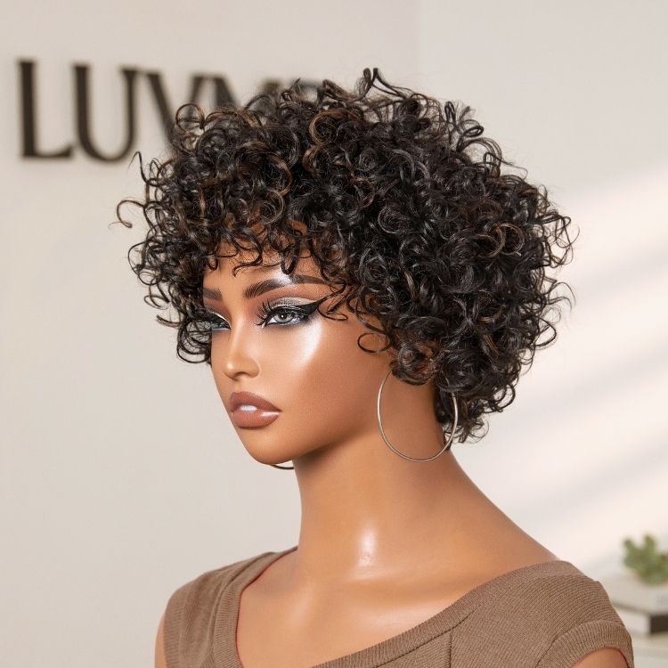 Brown Highlight Throw On & Go Short Bouncy Curls with Bangs Glueless Wig 100% Human Hair - US Only-08