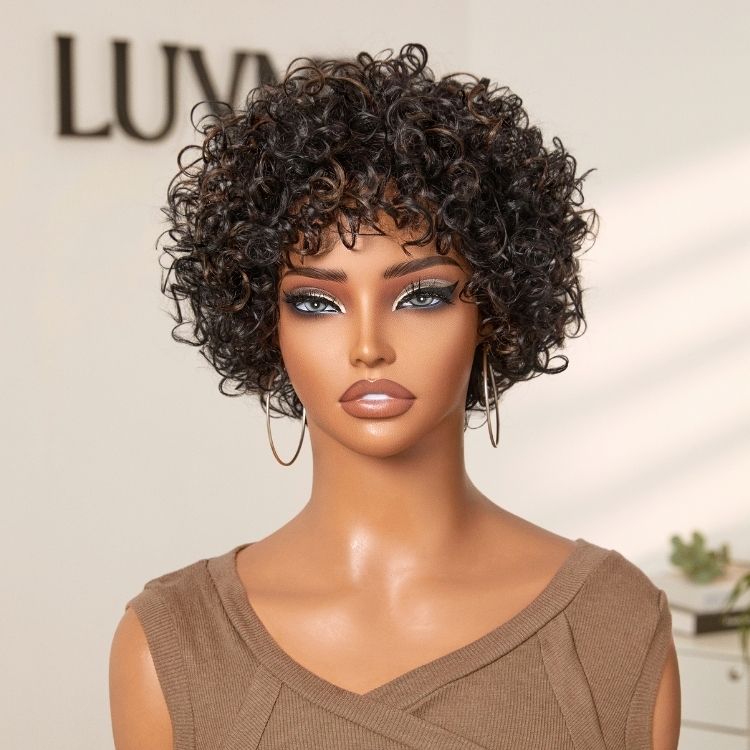 Brown Highlight Throw On & Go Short Bouncy Curls with Bangs Glueless Wig 100% Human Hair - US Only-09