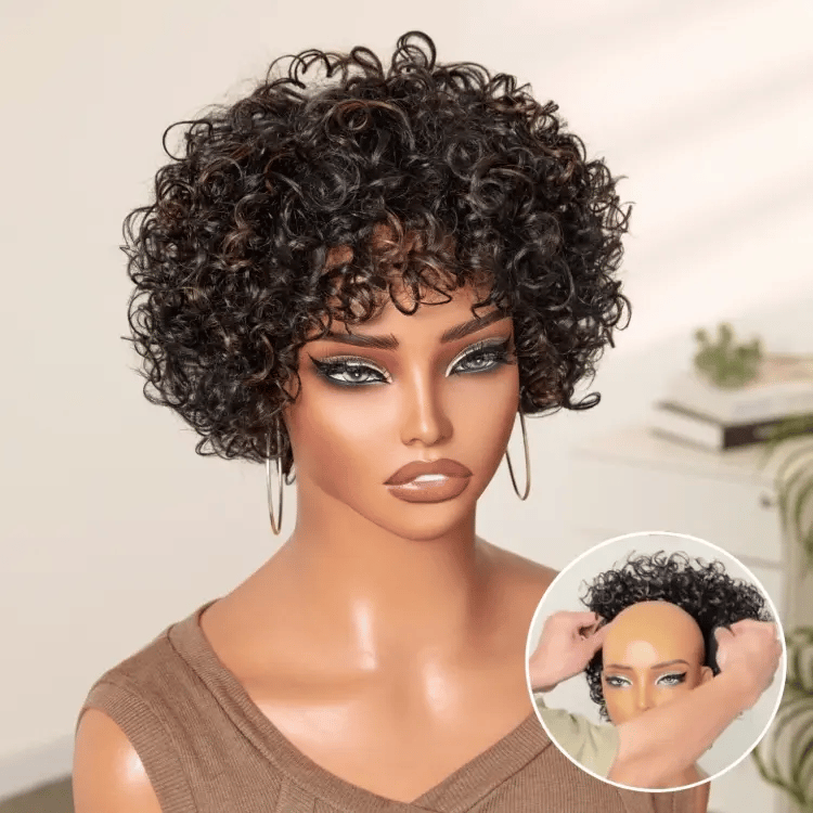 Brown Highlight Throw On & Go Short Bouncy Curls with Bangs Glueless Wig 100% Human Hair - US Only-01