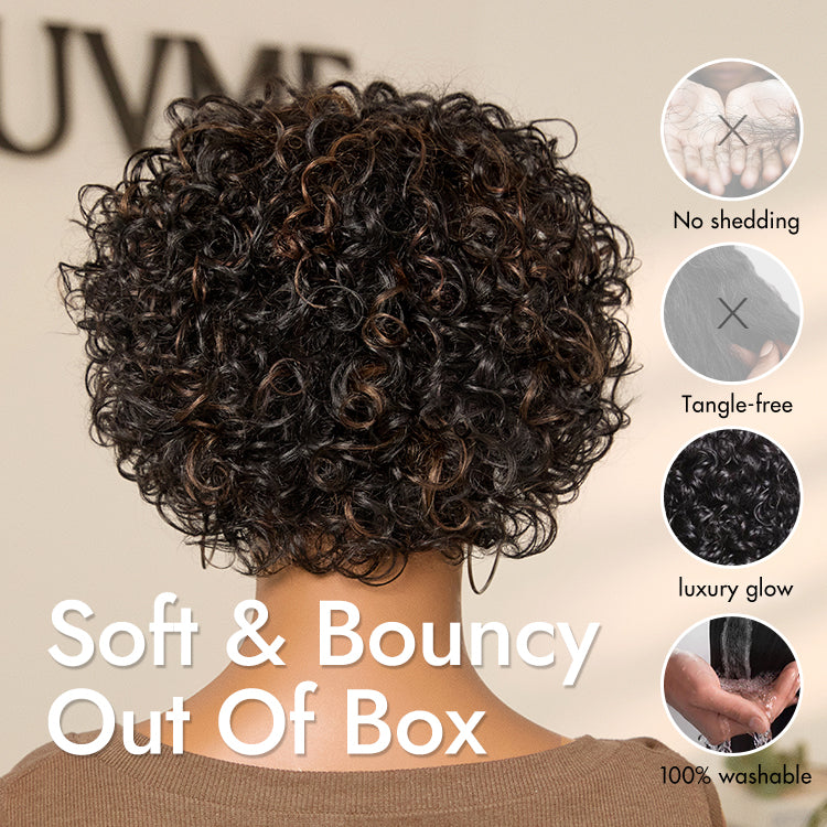 Brown Highlight Throw On & Go Short Bouncy Curls with Bangs Glueless Wig 100% Human Hair - US Only-04