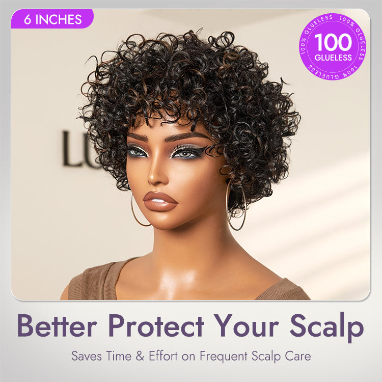 Brown Highlight Throw On & Go Short Bouncy Curls with Bangs Glueless Wig 100% Human Hair - US Only-03