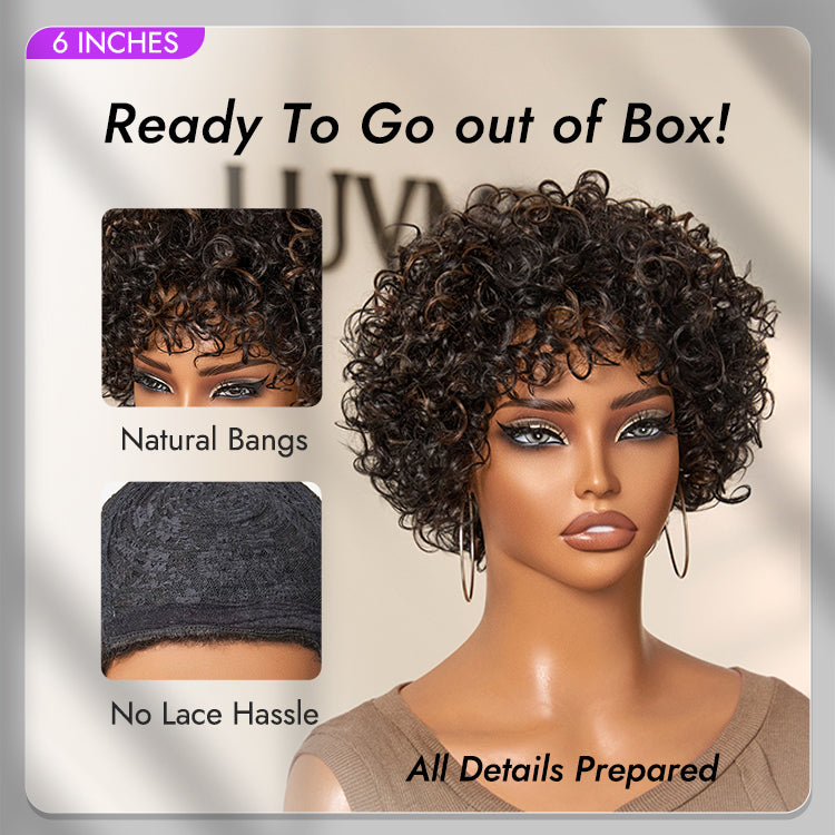 Brown Highlight Throw On & Go Short Bouncy Curls with Bangs Glueless Wig 100% Human Hair - US Only-02
