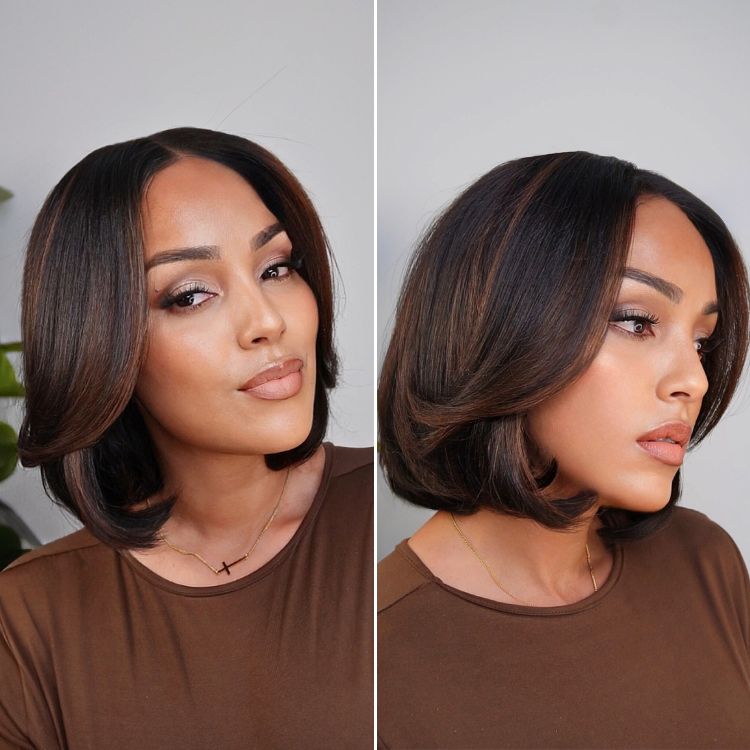 Blonde and brown highlight short layered bob wig with glueless 5x5 lace closure, styled with soft waves, by Luvme Hair.