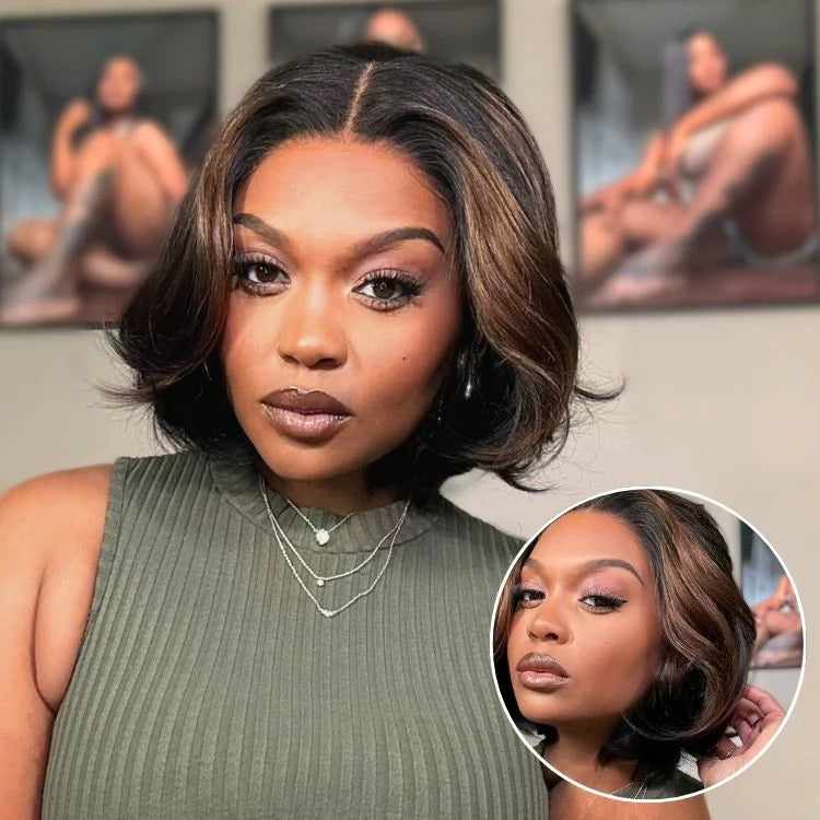 Blonde and brown highlight short layered bob wig with 5x5 lace closure, glueless style, by Luvme Hair.