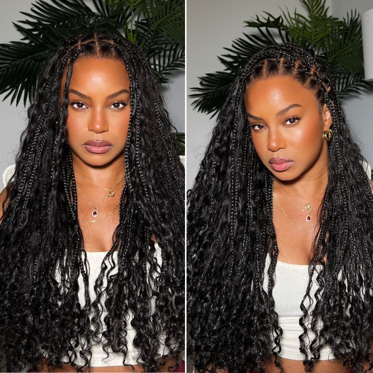 Readitress™ Light Weight Flexi-Fit Invisi Drawstring Cap Full Lace Knotless Boho Curls Braided Long Wig Super Natural Scalp - US Only-50