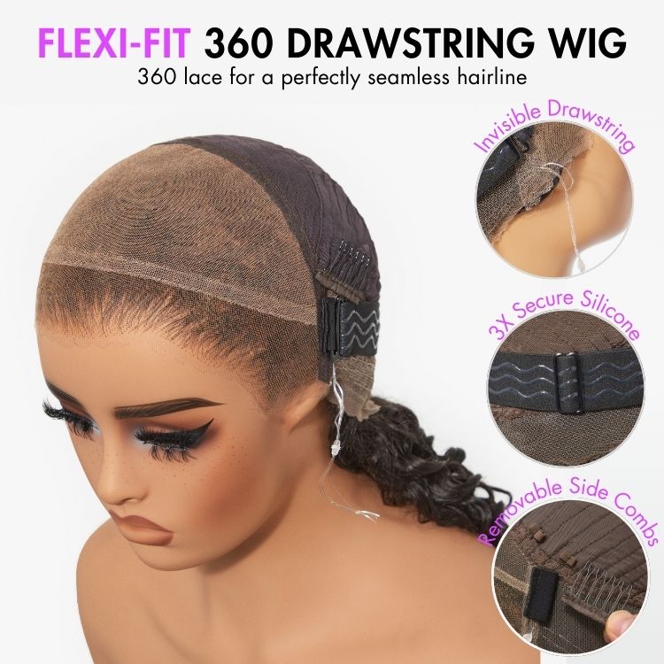 Luvme Hair PreMax Wigs Flexi-Fit Invisi Drawstring Cap with 360 HD Lace in water wave, body wave, and straight long wig styles
