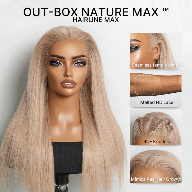 Luvme Hair NatureMAX™ ash blonde 13x4 lace front wig with straight silkiness, pre-cut lace, and flexible drawstring cap, ear-to-ear style.
