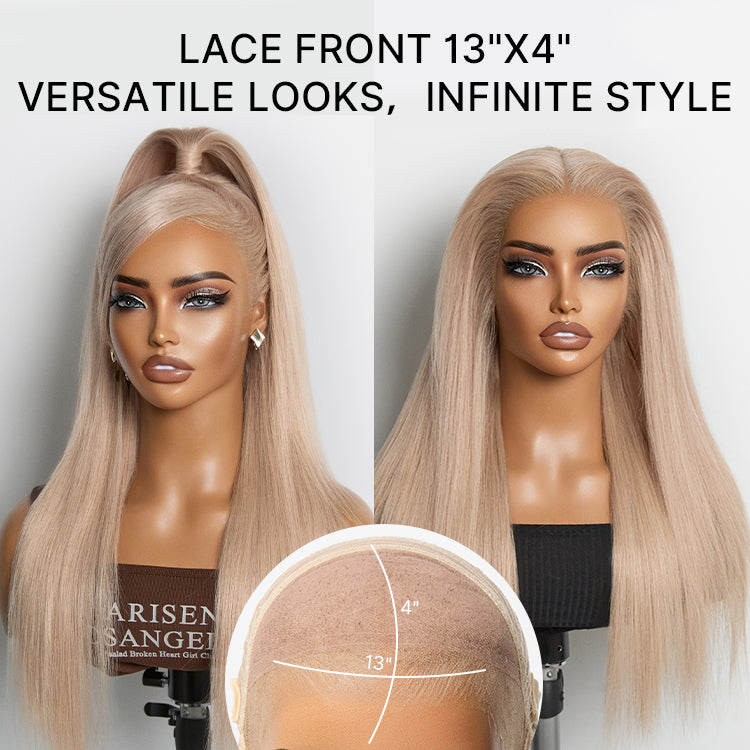 Luvme Hair NatureMAX™ ash blonde silky straight 13x4 lace front wig with pre-cut lace, glueless cap, and flexible drawstring fit.
