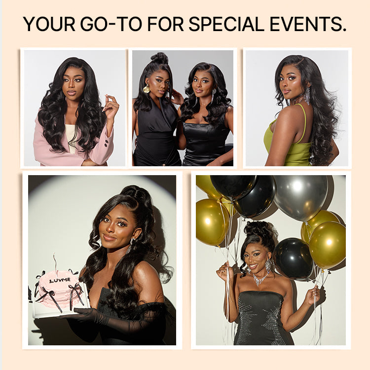 Luvme Hair NatureMAX 13x4 HD lace front wig with loose wave, high density, pre-cut lace, and adjustable drawstring cap.