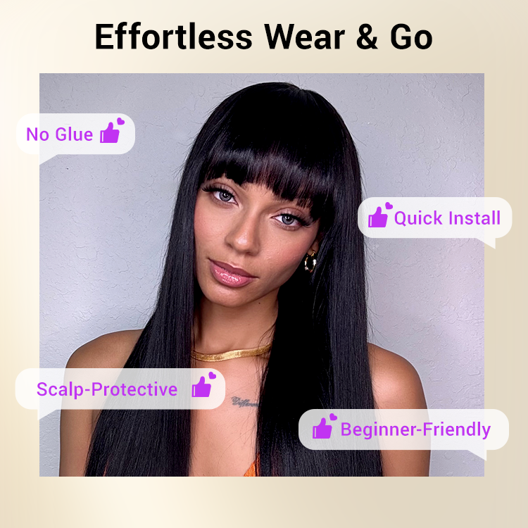 Breathable Cap Yaki Straight Ultra Natural Minimalist Lace Long Wig with Bangs-06