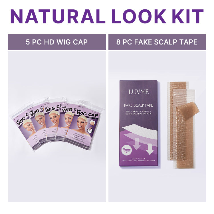 Luvme Hair Natural Look Kit with 10 HD wig caps and 8 fake scalp tapes for realistic wig installation and secure fit.