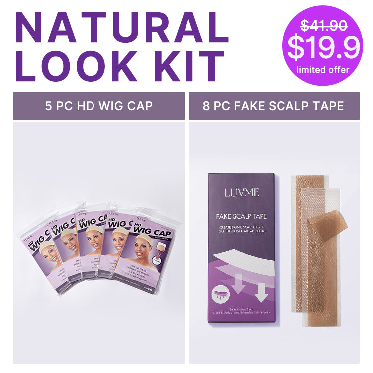 Luvme Hair Natural Look Kit with 10 HD wig caps and 8 fake scalp tapes for wigs, displayed in open packaging.