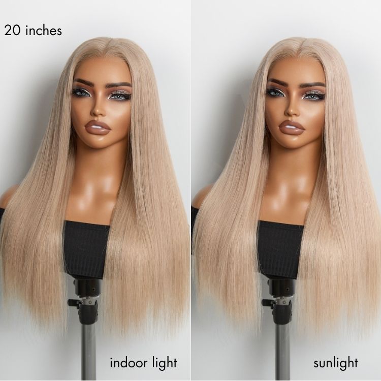 Luvme Hair NatureMAX ash blonde 13x4 lace front wig with silky straight texture, pre-cut lace, and flexible drawstring cap.