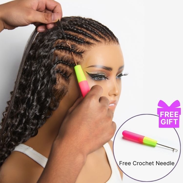 Luvme Hair Readitress™ Pre-Separated Feather Crochet Human Hair in silky straight style, showcasing the protective hairstyle and free gifts.